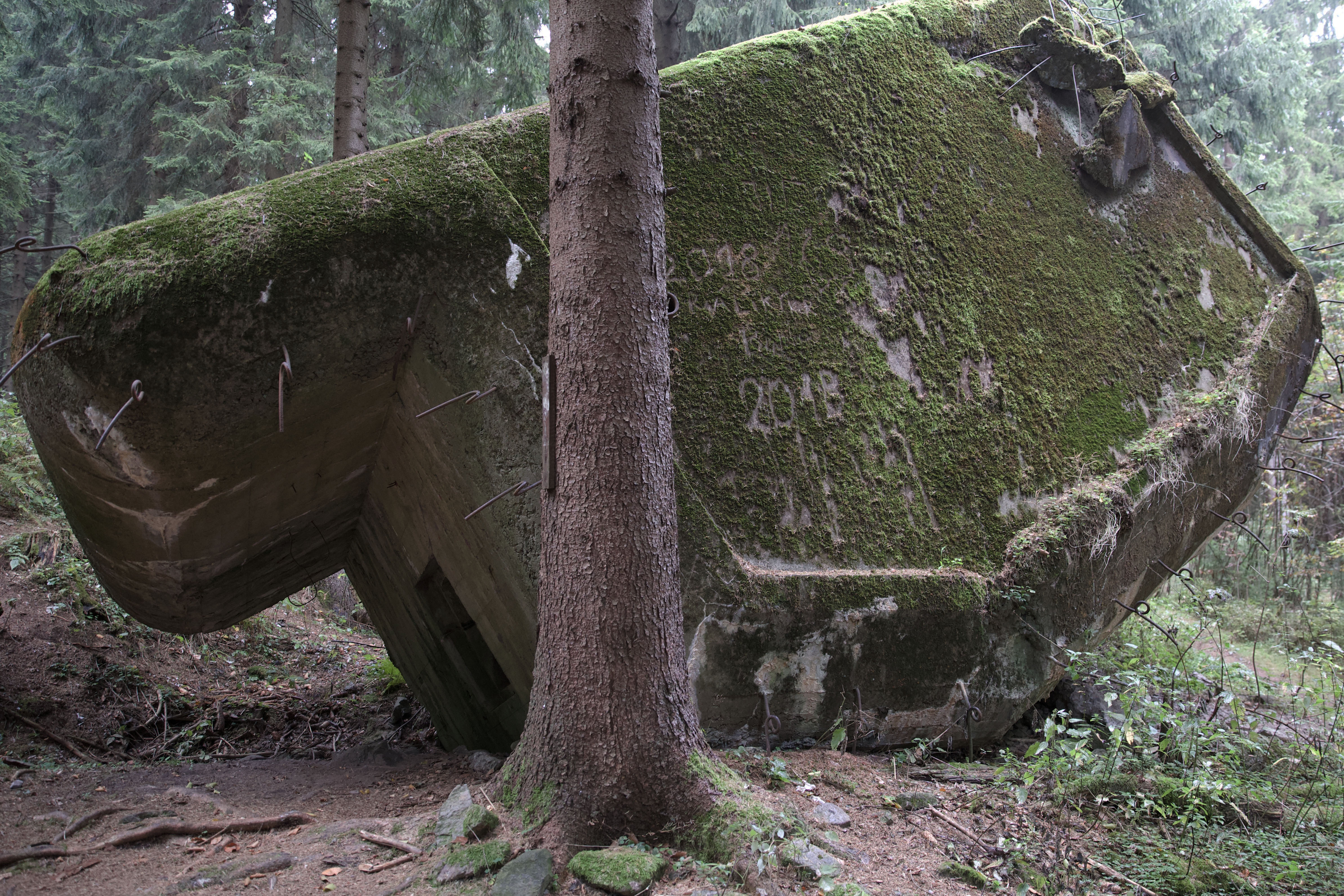 Ржопик, поврежденный крупнокалиберным снарядом. Чешские оборонительные сооружения использовались после захвата Судет как испытательный полигон немецкой артиллерии