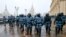 RUSSIA -- Riot police block an area protecting against demonstrators during a protest against the jailing of opposition leader Alexei Navalny in Moscow, Russia, Sunday, Jan. 31, 2021