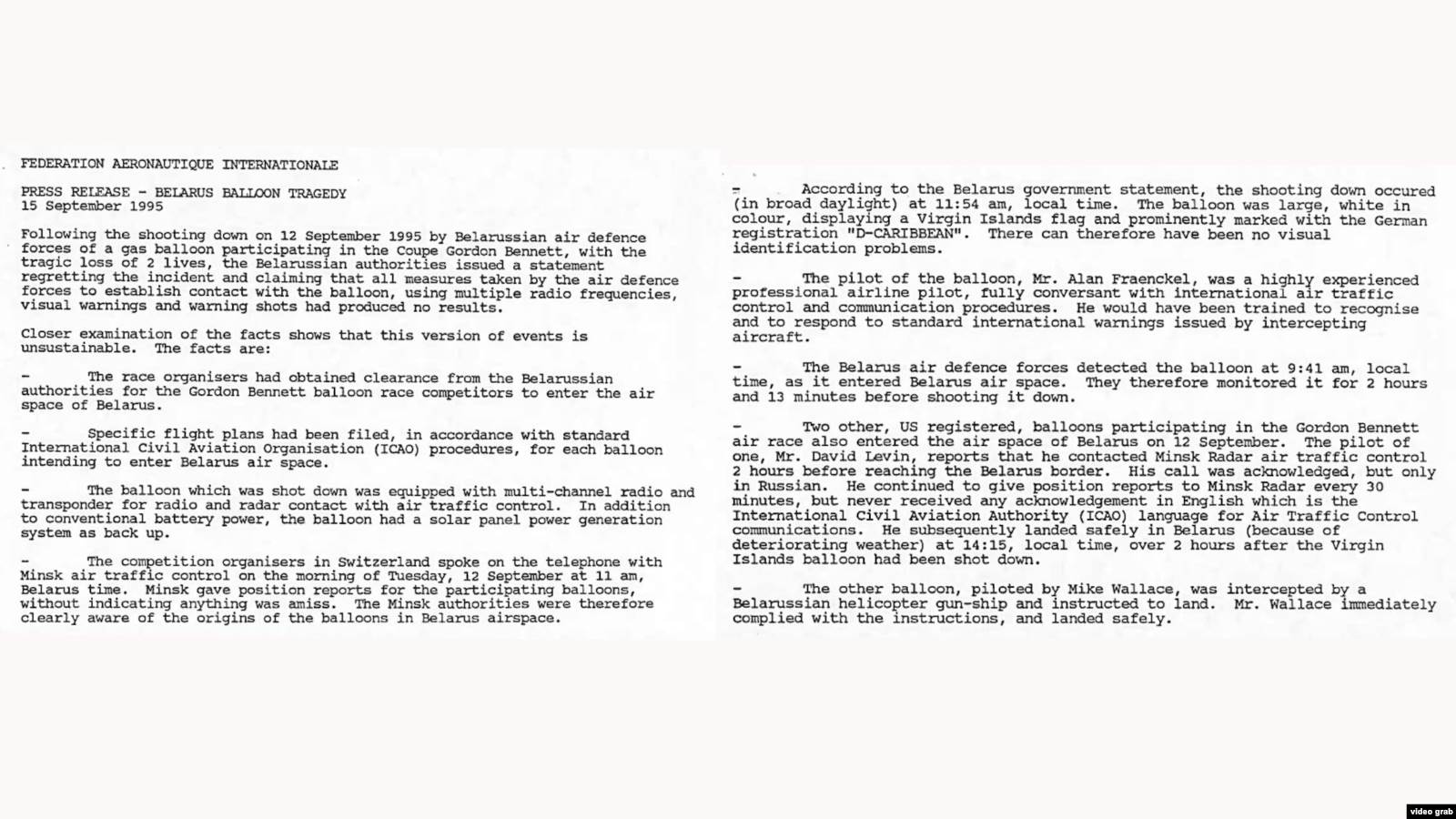 Пресс-релиз Международной авиационной федерации от 15 сентября 1995 года